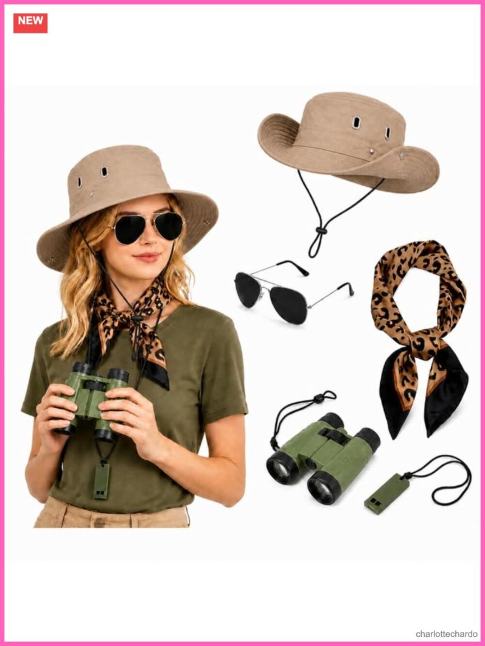 5-Piece Safari Costume Accessory Set, Zoo Keeper Explorer Hat Scarf, Polyester